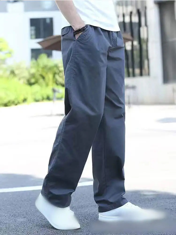 Mens Solid Elastic Waist Cargo Pants Summer Cotton Pocket Work Wear Casual Climbing Joggers Sweatpants Hombre Autumn Trousers 240723