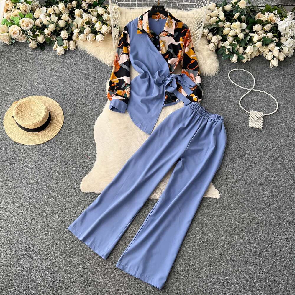 Two Piece Set of Irregular Printed Shirt with Tied Waist and High Waisted Slim Wide Leg Pants for Women Novelty Self-cultivation SKINNY DRESS BOHO DRE