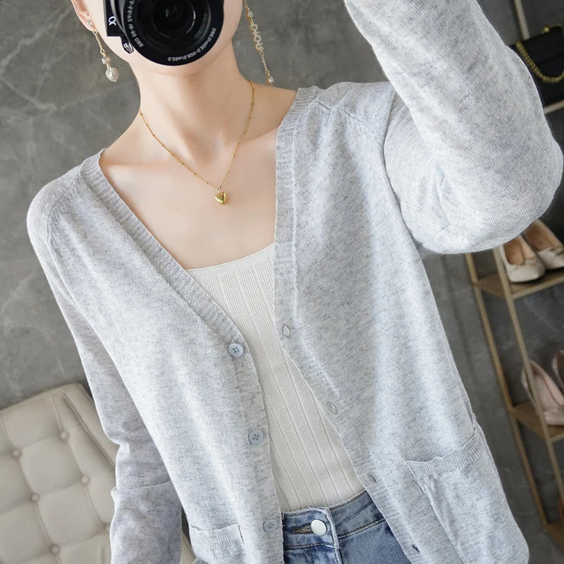 Fashion Casual Wool womens cardigan Sweater Women VNeck Solid Color Long Sleeve 240722