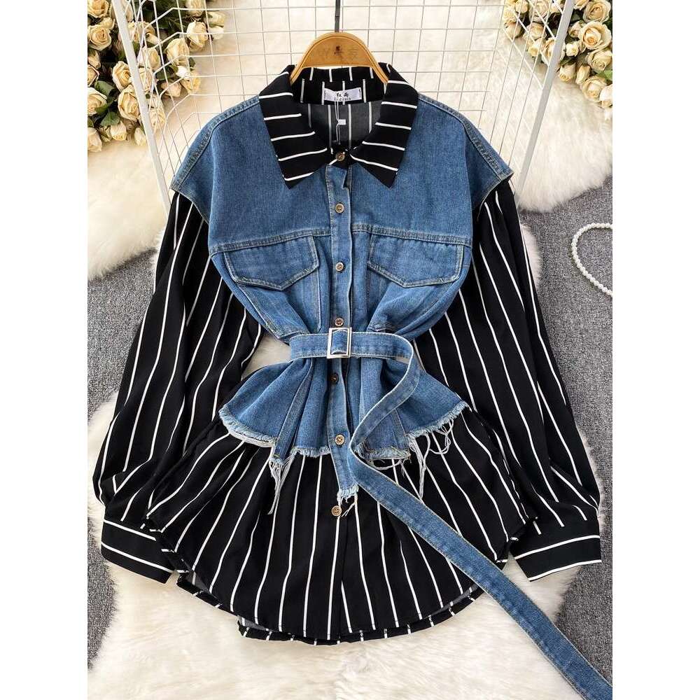 Spring and Autumn Korean Style Fake Two Loose Denim Vests with Striped Shirts for Womens Casual Irregular Top Temperament Novelty Oversize Dress Silk 