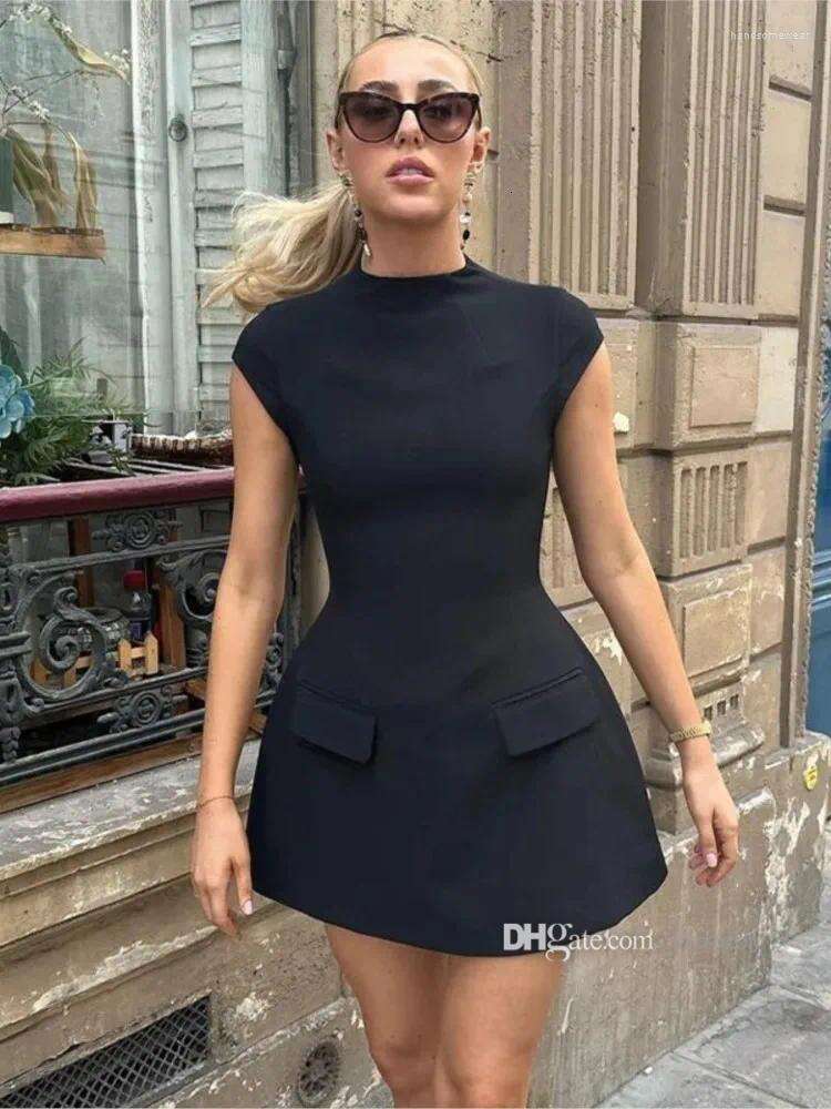 Casual Elegant Dresses For Woman Slim Solid Pockets Mini Dress Fashion O-neck Short Sleeve A-line Skirt Office Lady Chic Commuting Robes