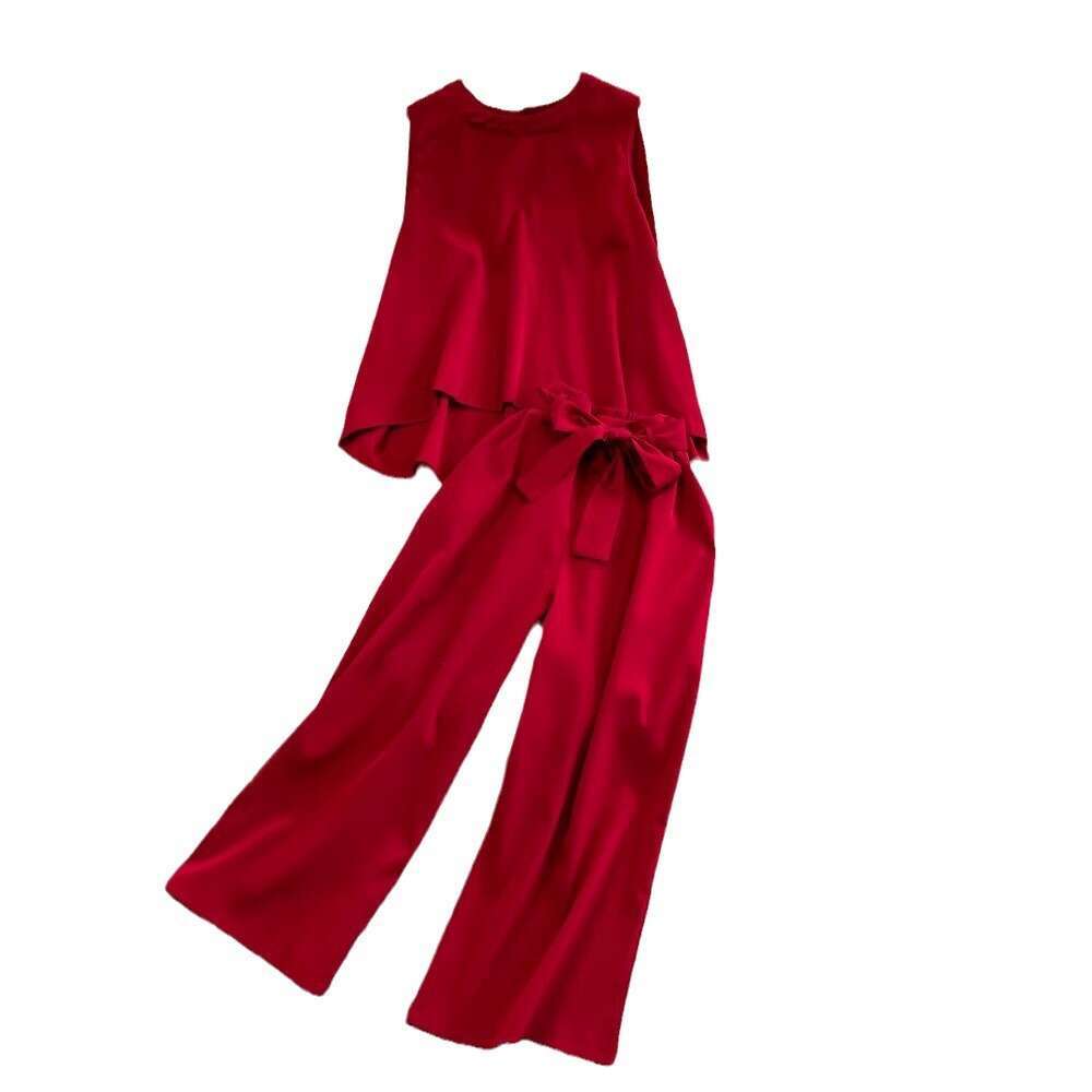 Fashionable Light and Mature Style, Temperament, Round Neck, Loose Sleeveless Top, Two-piece Set, High Waisted, Lace Up, Straight Leg, Wide Leg Lace D