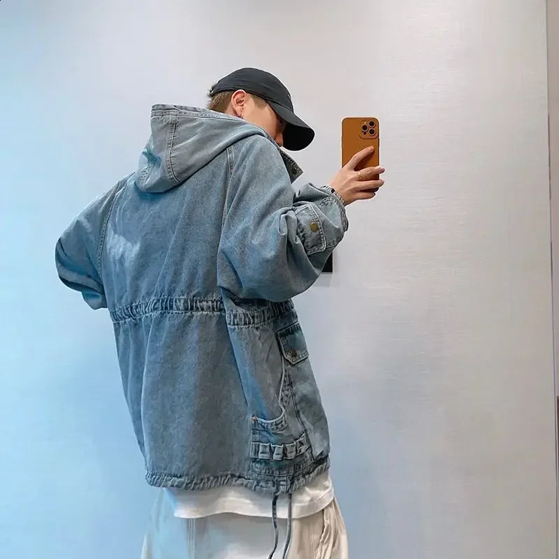 Spring Retro Workwear Tooling Hooded Denim Jackets Fashion Causal Loose High Street Hoodies Jacket Men Top Male Clothes 240722