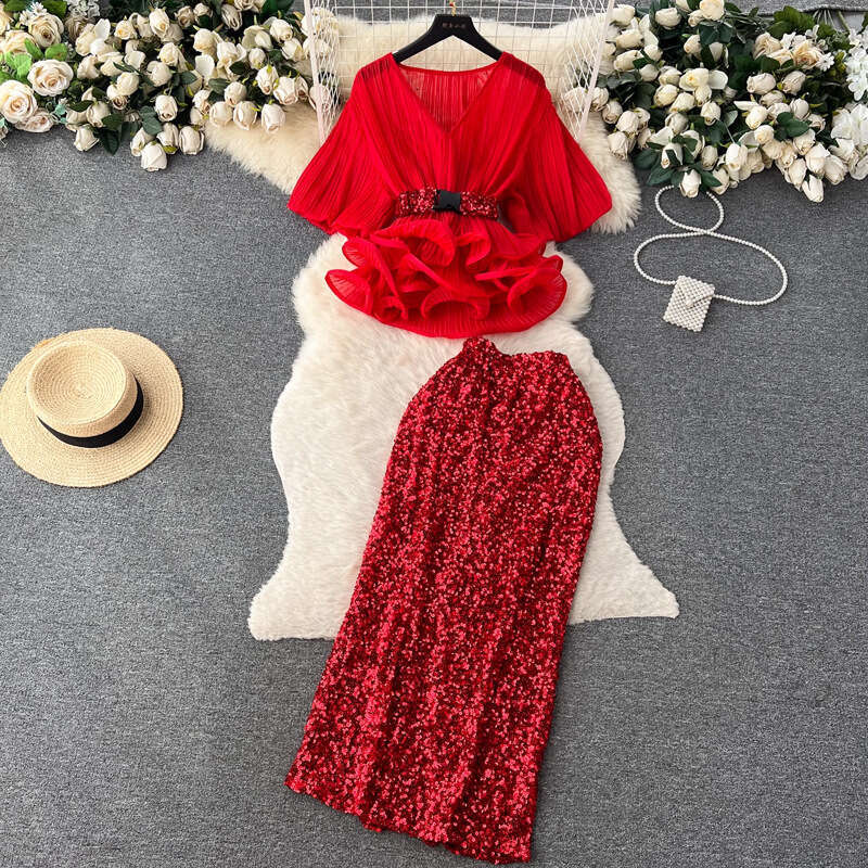 French Light Luxury and Socialite Style Set with Waistband Ruffled Edge Pleated Shirt+sequin Wrapped Hip Half Length Skirt Short Oversize Dress SKINNY