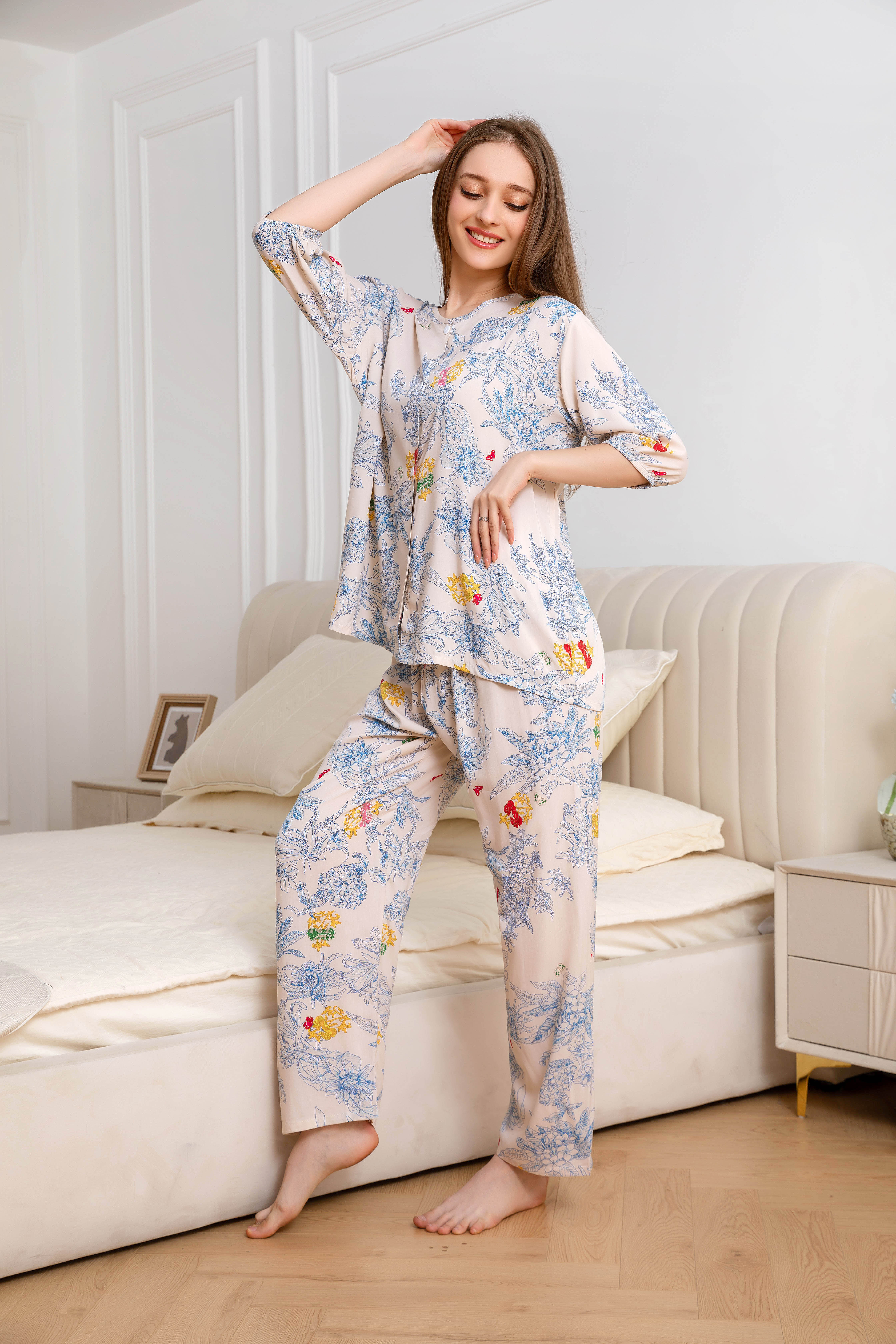 Women's home clothes, pajamas, light pink blue floral stamen pants set C207
