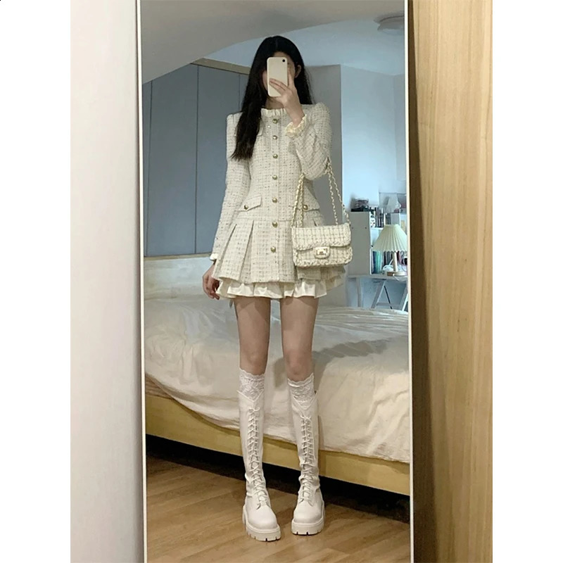 MEXZT Sweet Tweed Mini Dress Women Elegant Ruffles Pleated A Line Dresses Vintage Korean Party Patchwork Bodycon Vestidos 240715