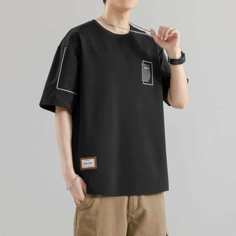 2024 Summer New T-shirt with American Embroidered Chest Short sleeved Men's Loose and Versatile Casual