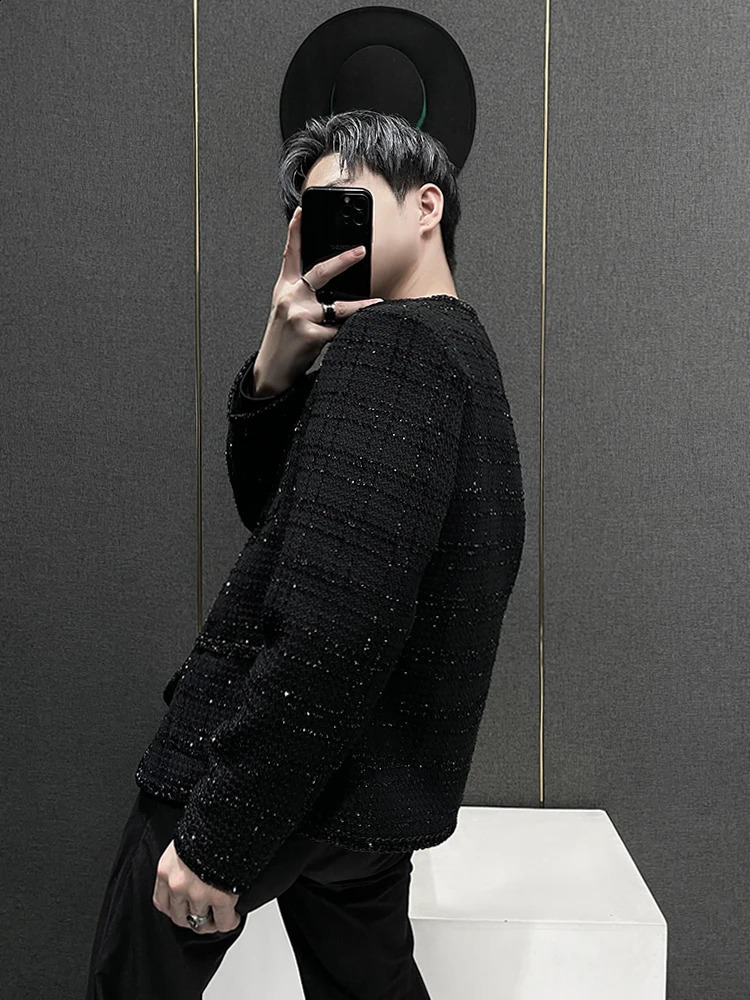 High-End Male Small Fragrant Coats Mens Fashion Loose Tweed Mens Round Neck Jackets Handsome Long Sleeve Short Jacket 240719