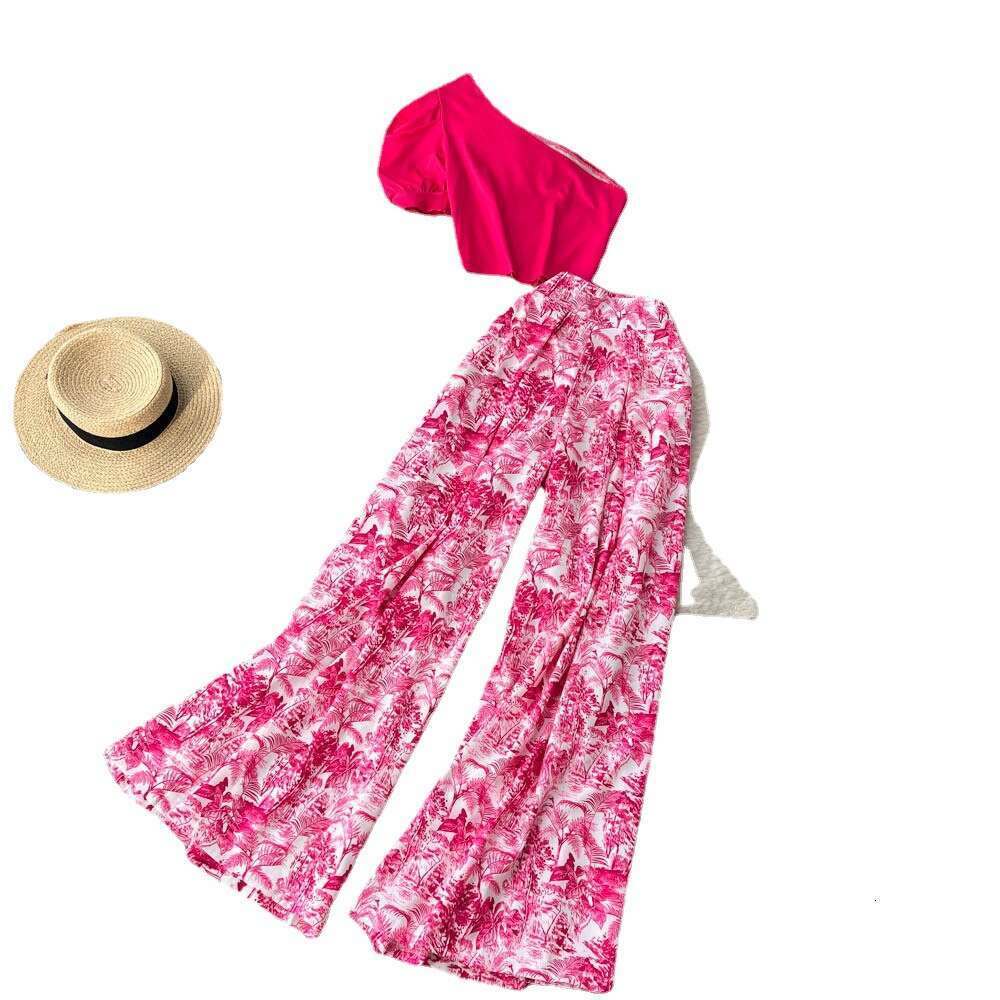 Spring/summer Spicy Girl Sexy Set Womens Diagonal Shoulder Bra Short Top+hanging Fragmented Wide Leg Pants Two Loose Self-cultivation Short Oversize D