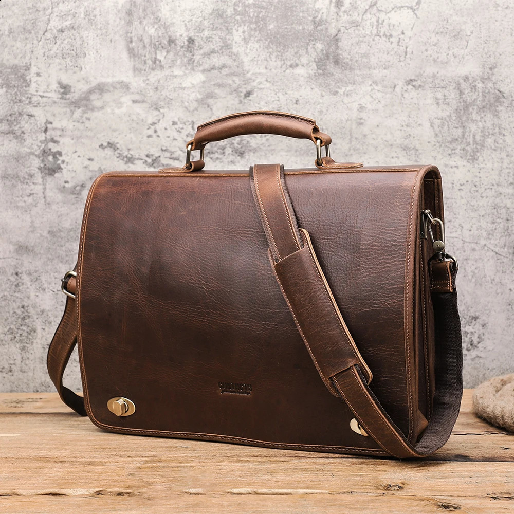 Vintage Leather Men Briefcase for Business Portfolio Document Laptop 15.4 inch Suitcase Mens Shoulder Messenger Bag