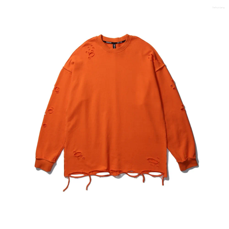 Men's Solid Color Ripped Sweatshirt Casual Loose Round Neck Pullover Tracksuit Hoodie Black, Gray, Green, Orange, Pink, White -