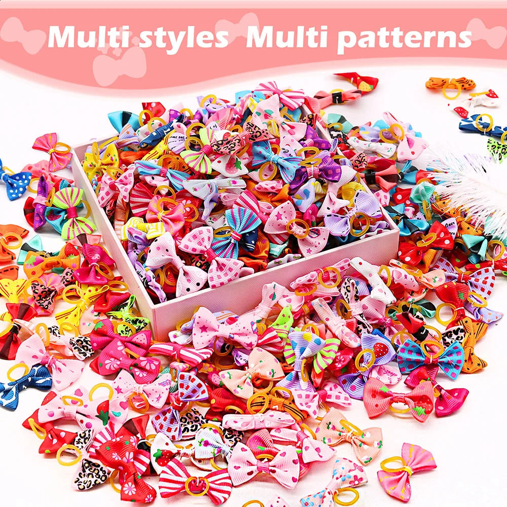 100PCS Puppy Bow Handmade Movable Pet Dog Grooming Hair Accessories Dog Bows With Rubber Band For Small Dog and Cat Pet Products 240723