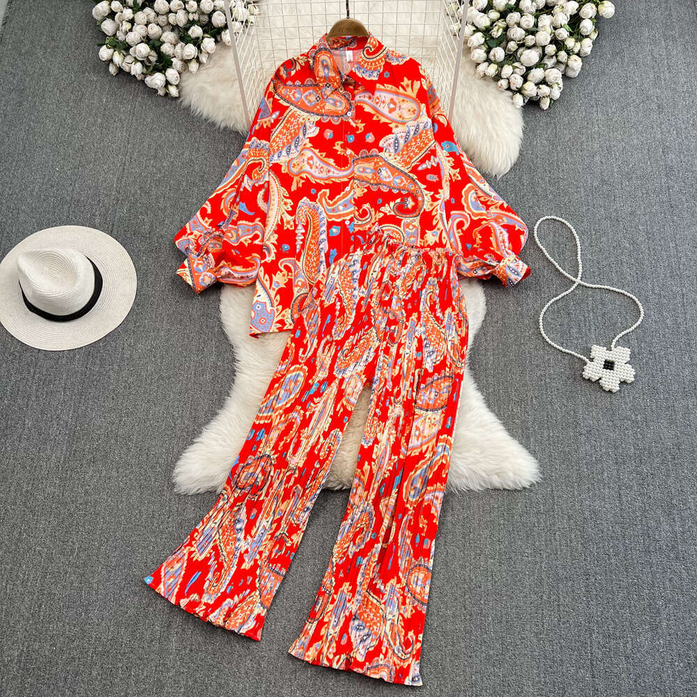 Fashionable Set Socialite Temperament Bat Sleeve Loose Printed Shirt, Two High Waisted Pleated Wide Leg Pants Novelty Sexy Denim Dress Oversize Dress