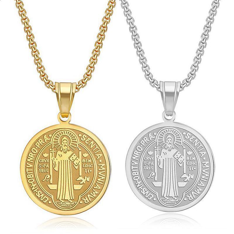 U7 925 Sterling Silver Coin Saint Benedict Necklace Dainty Chain Sacramental Medal Pendant Religious Catholic Unisex Jewelry 240123