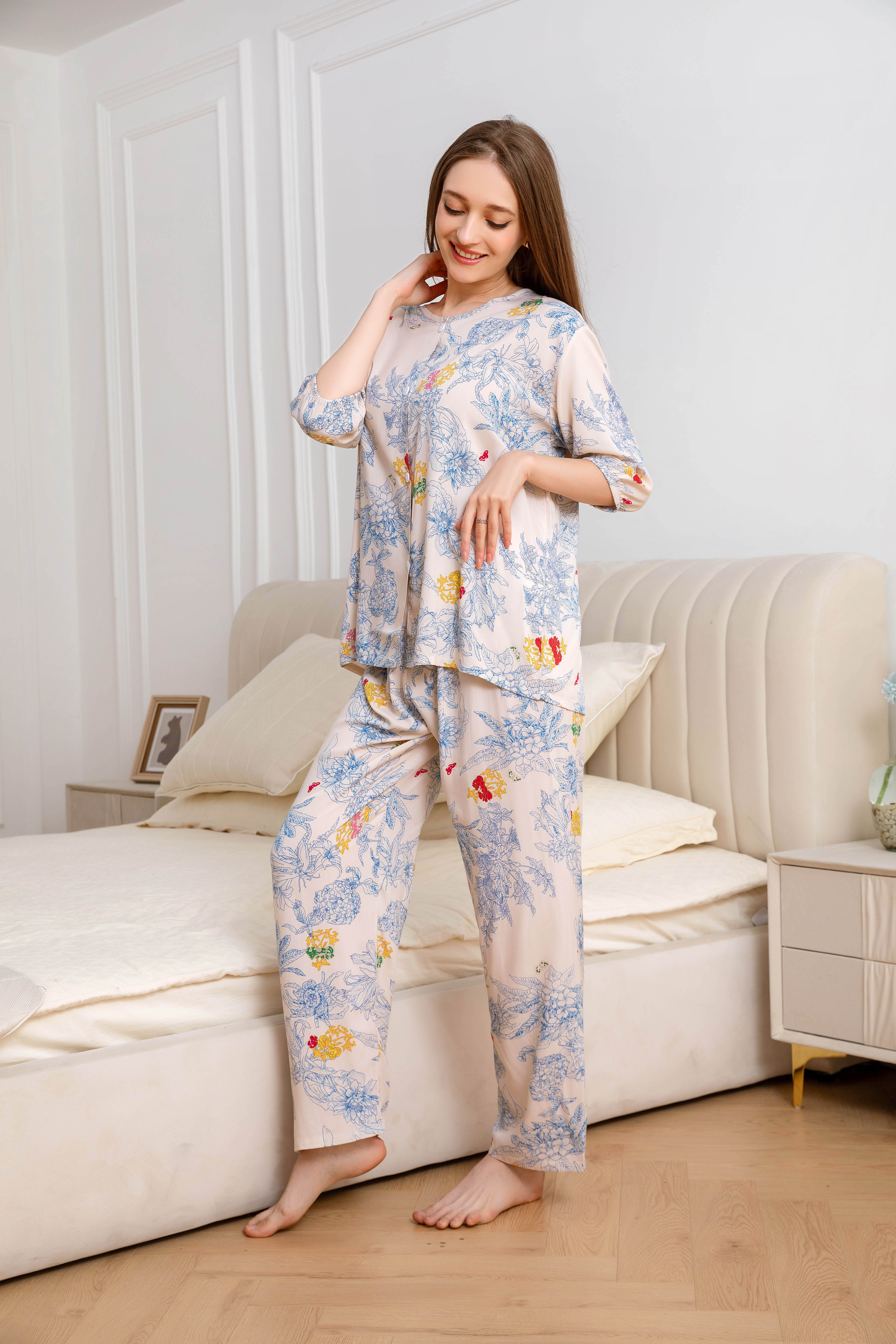 Women's home clothes, pajamas, light pink blue floral stamen pants set C207