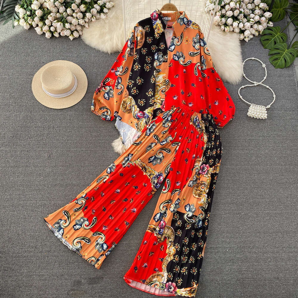 Fashion Loose Lantern Sleeved Printed Front Short Back Long Shirt Two-piece Set of Pleated Wide Leg Pants Short Novelty Sexy Lace Dress High Waist Dre
