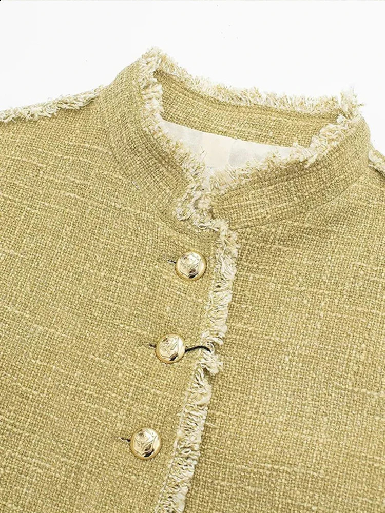 Elegant Tweed Womens Coat Fashion Single Breasted Stand Collar Pockets Jacket Spring Office Lady Female Furry Edge Outwear 240806
