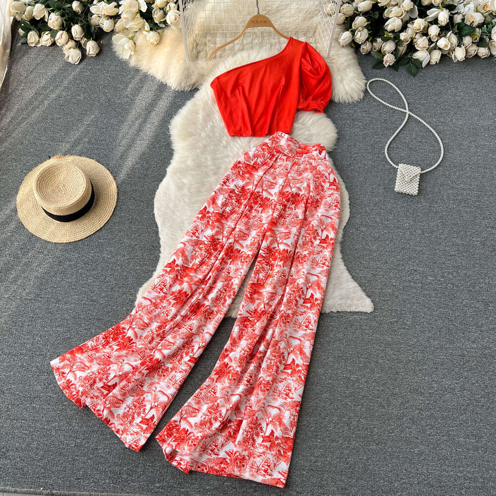 Spring/summer Spicy Girl Sexy Set Womens Diagonal Shoulder Bra Short Top+hanging Fragmented Wide Leg Pants Two Loose Self-cultivation Short Oversize D