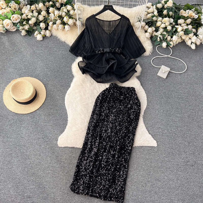 French Light Luxury and Socialite Style Set with Waistband Ruffled Edge Pleated Shirt+sequin Wrapped Hip Half Length Skirt Short Oversize Dress SKINNY