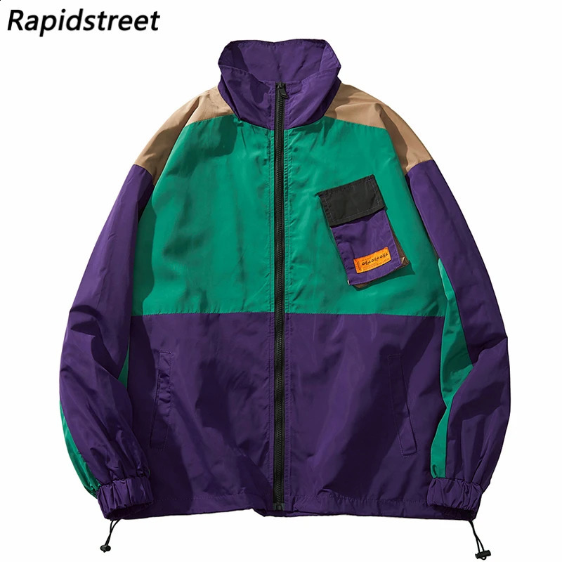 Hip Hop Streetwear Jacket WindBreaker Retro Color Block Patchwork Track Jacket Coat Men Harajuku Cotton Loose Jacket 240719