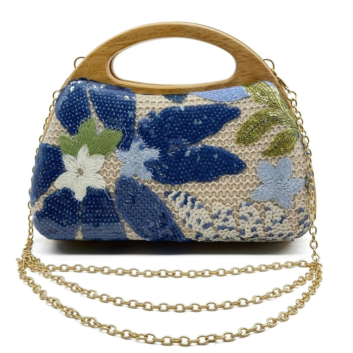 Shinny Sequins Embroidery Clutch Bag for Women Wooden Handle Handbags Flower Shoulder Crossbody Evening Party Purses 240821