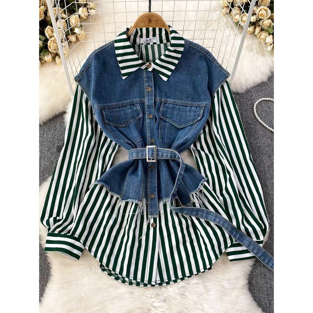 Spring and Autumn Korean Style Fake Two Loose Denim Vests with Striped Shirts for Womens Casual Irregular Top Temperament Novelty Oversize Dress Silk 