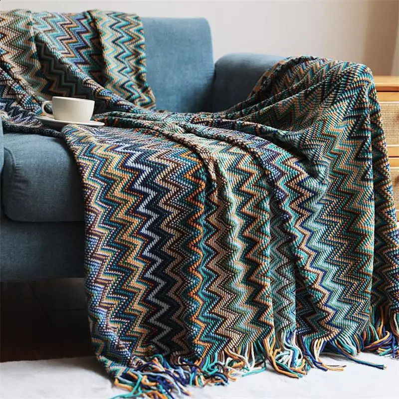 100% Acryl Hand Knitted Blanket with Tassel Summer Blanket Bed Sofa Travel Breathable Chic Bohemian Soft Comfortable Blanket 240717