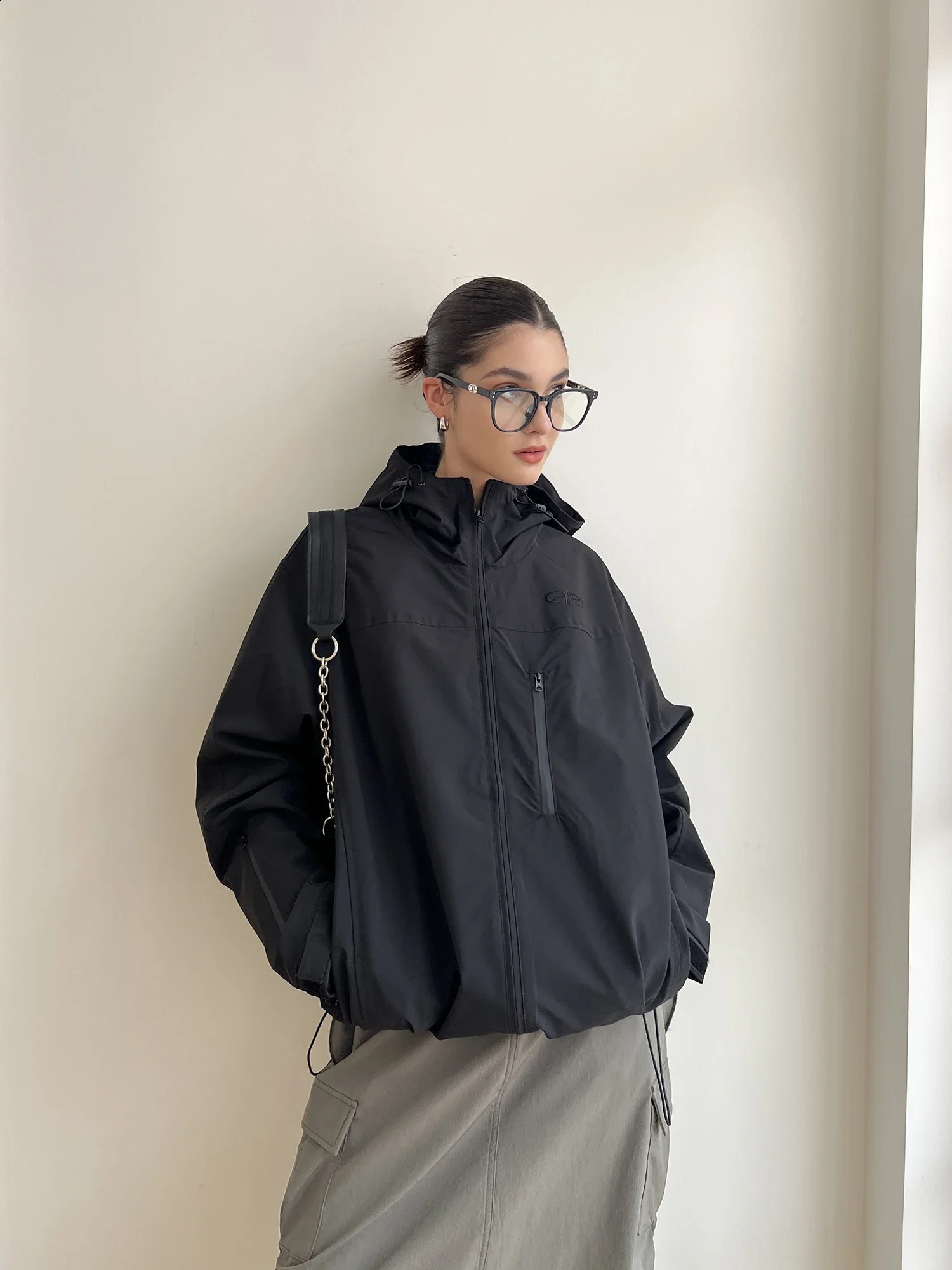 QWEEK Y2K Vintage Windbreaker Jacket Women Gorpcore Streetwear Taupe Hooded Outerwear Oversized Hip Hop Techwear Black Coat 240722
