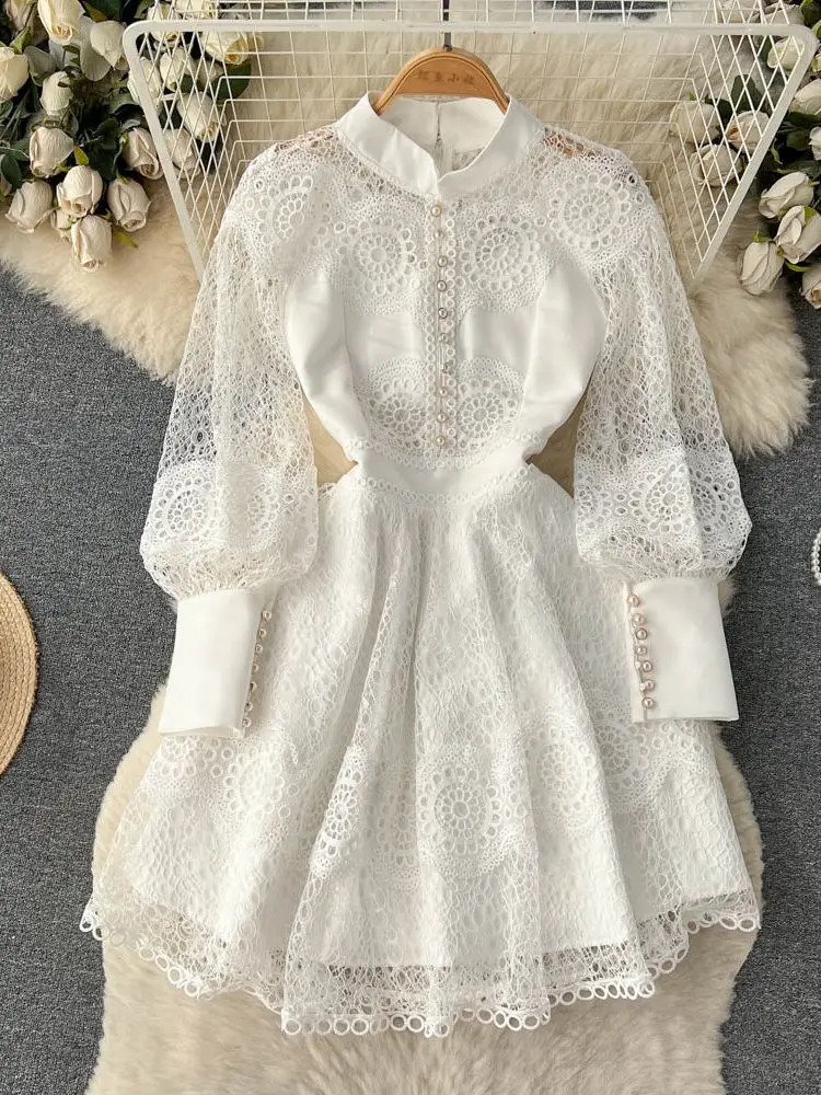 Vintage Flower Embroidery Hollow Out Lace Dress Womens Stand Collar Long Lantern Sleeve Pearls Buttons Casual Party Vestidos 240717