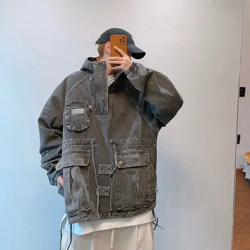 Spring Retro Workwear Tooling Hooded Denim Jackets Fashion Causal Loose High Street Hoodies Jacket Men Top Male Clothes 240722