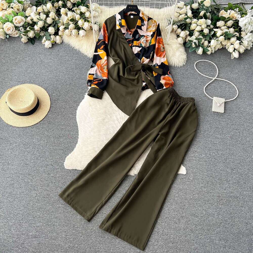 Two Piece Set of Irregular Printed Shirt with Tied Waist and High Waisted Slim Wide Leg Pants for Women Novelty Self-cultivation SKINNY DRESS BOHO DRE