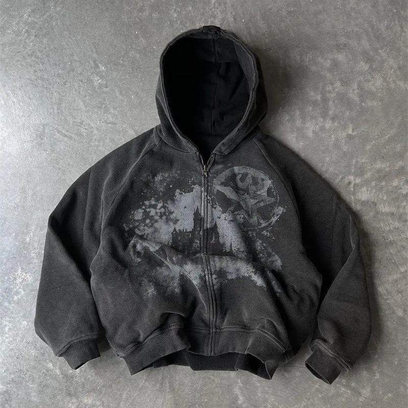2024 American retro fashion printing oversized zipper hoodie womens Y2K Harajuku hip-hop Gothic sports hoodie street wear 240722