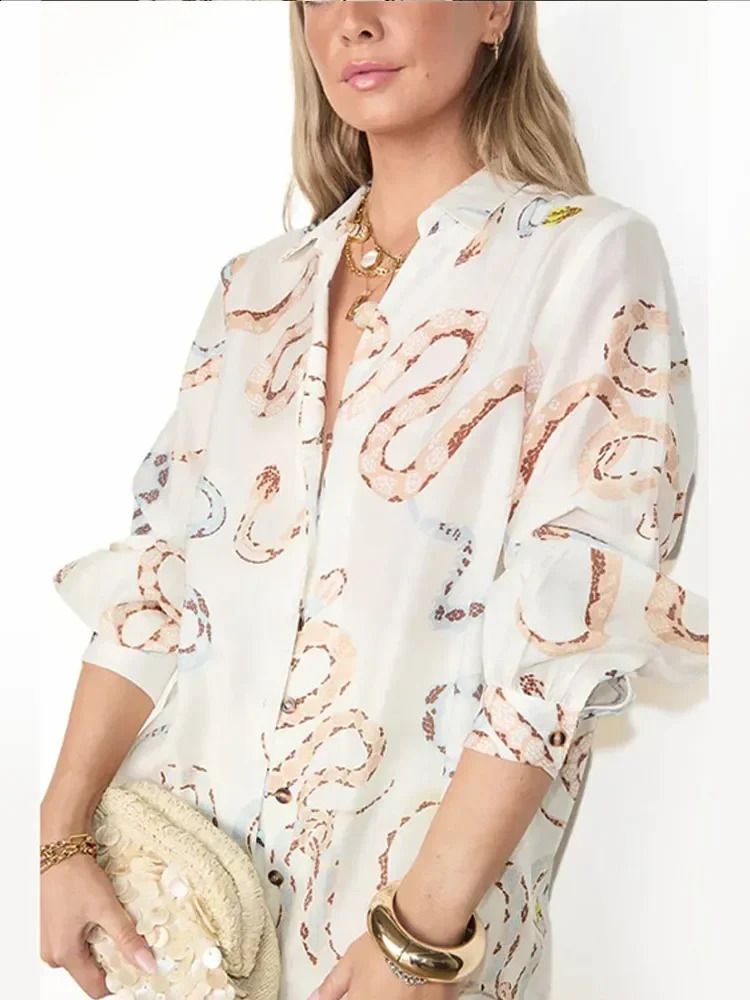 Snakes Printed Shirt Skirt Two Pieces Sets Long Sleeve Shirts High Waist Midi Skirts Women Set Spring Summer Female Streetwear 240715