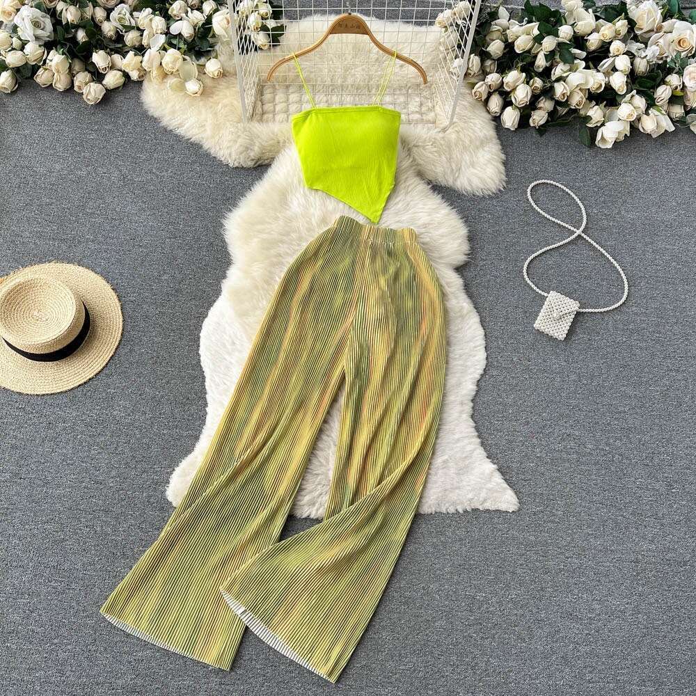 Spicy Girl Two Piece Set of Womens Style Bra and Strap Short Knitted Top Printed High Waist Wide Leg Pants Sexy Dress Bifurcated Novelty Pregnant Wome