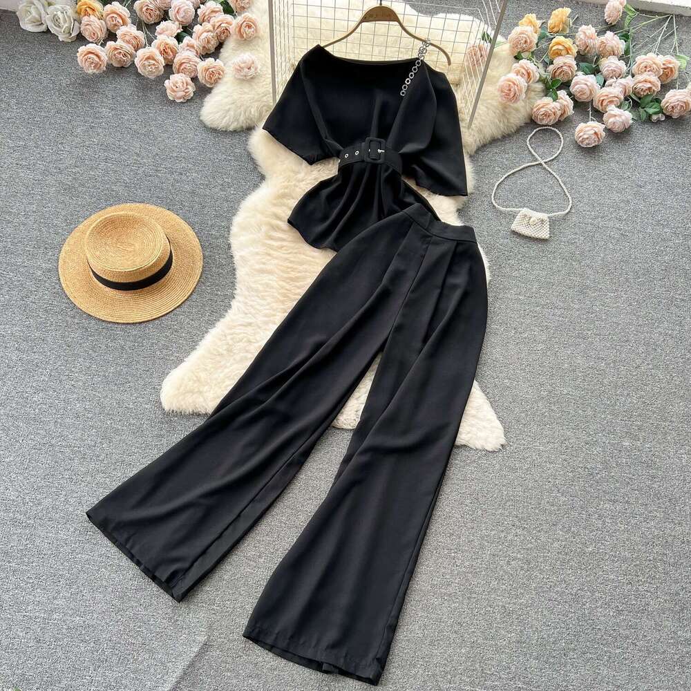 Light Mature Style Royal Sister Summer New One Shoulder Top Versatile Wide Leg Pants Two Piece Set Trendy Chiffon Floral Dress Novelty Sexy Silk Dress