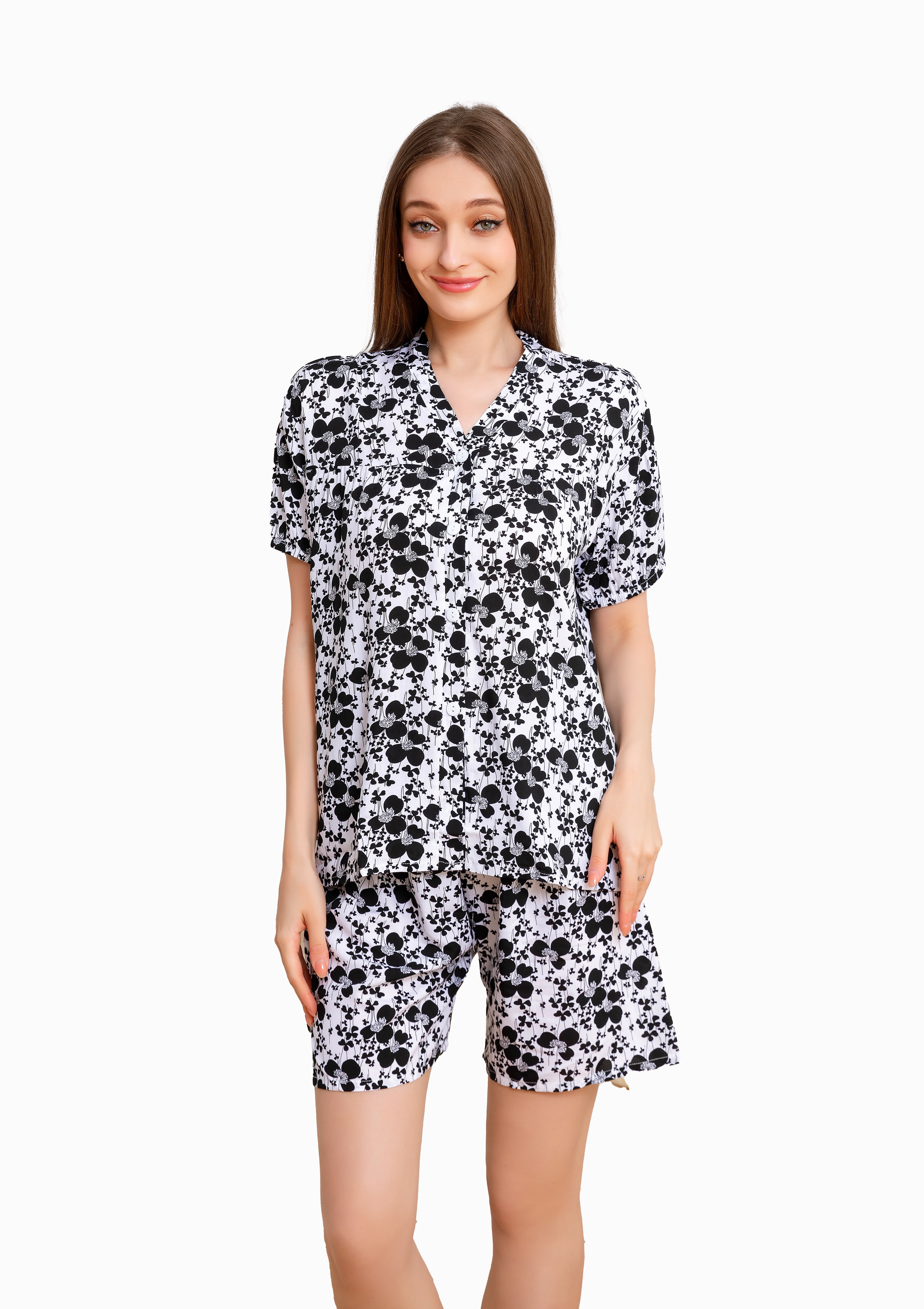 Women's home clothes, pajamas, black and white small floral shorts set D201