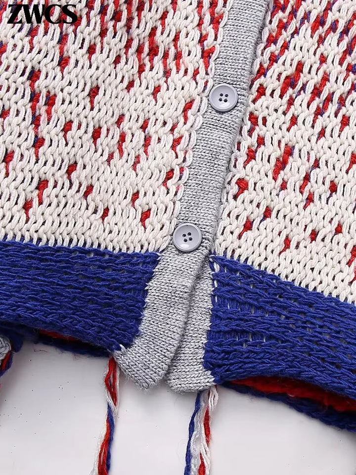 Knitted Tassel Contrast Color Cardigans Women Single Breasted V-neck Loose Sweater Spring Fashion Ladies Casual Knitwear 240717