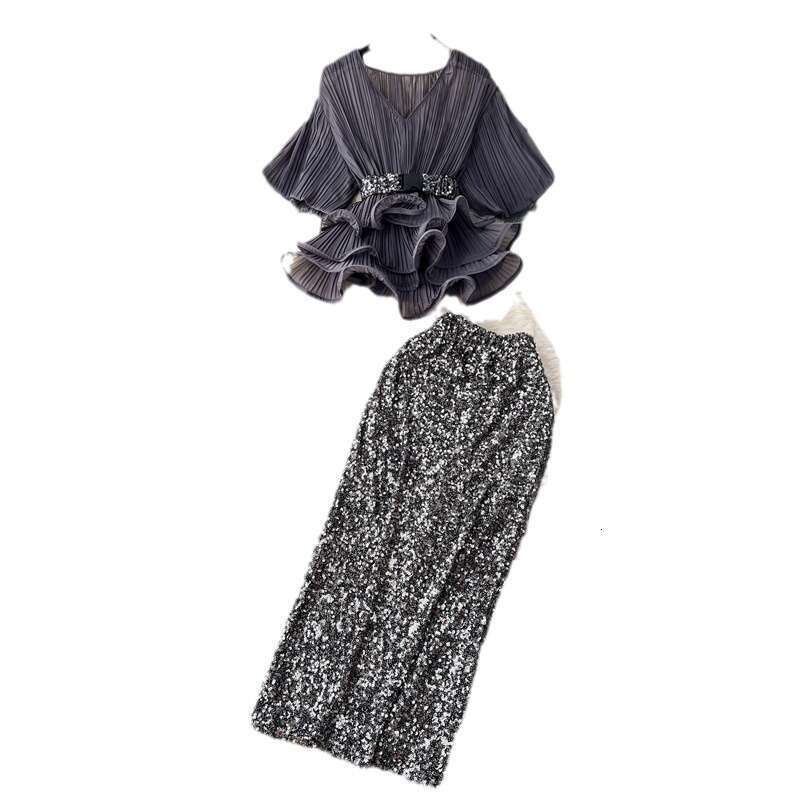 French Light Luxury and Socialite Style Set with Waistband Ruffled Edge Pleated Shirt+sequin Wrapped Hip Half Length Skirt Short Oversize Dress SKINNY