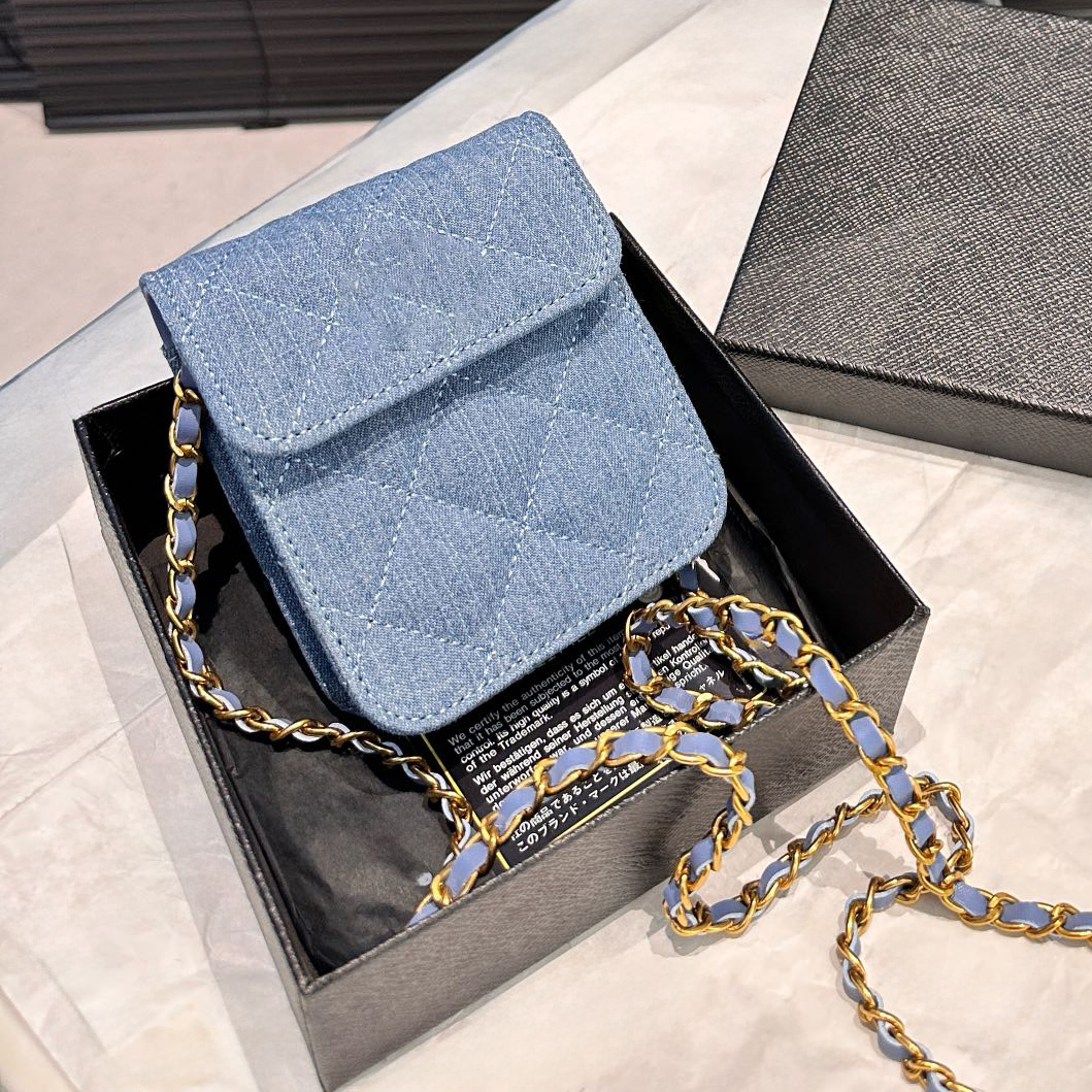 Women Designer Light Blue Denim Lipstick Bag Mini Flap Crossbody Coin Purse Gold Hardware Buckle Matelasse Chain Leisure Wallet Square Shoulder Handbag 13x11cm
