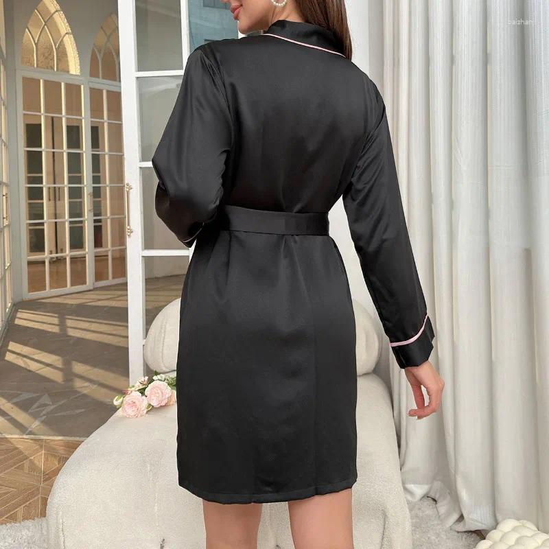 Women's Sleepwear Women Silks Nightgown Long Sleeve Robes Bathrobe Loungewear Lace-ups Silk Pajamas Clothing Red Black