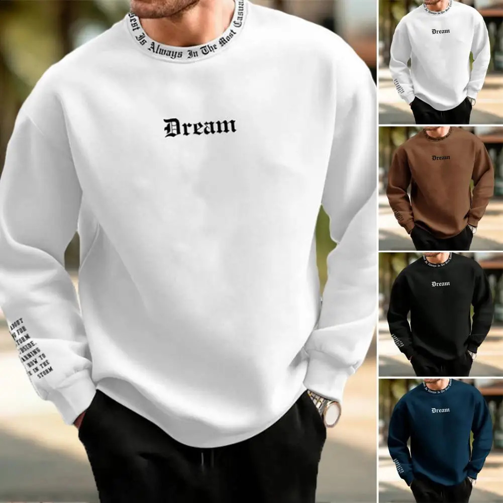 Men Fall Winter Sweatshirt Round Neck Long Sleeve Men Top Letter Print Thick Loose Warm Mid Length Men Casual Top 240820