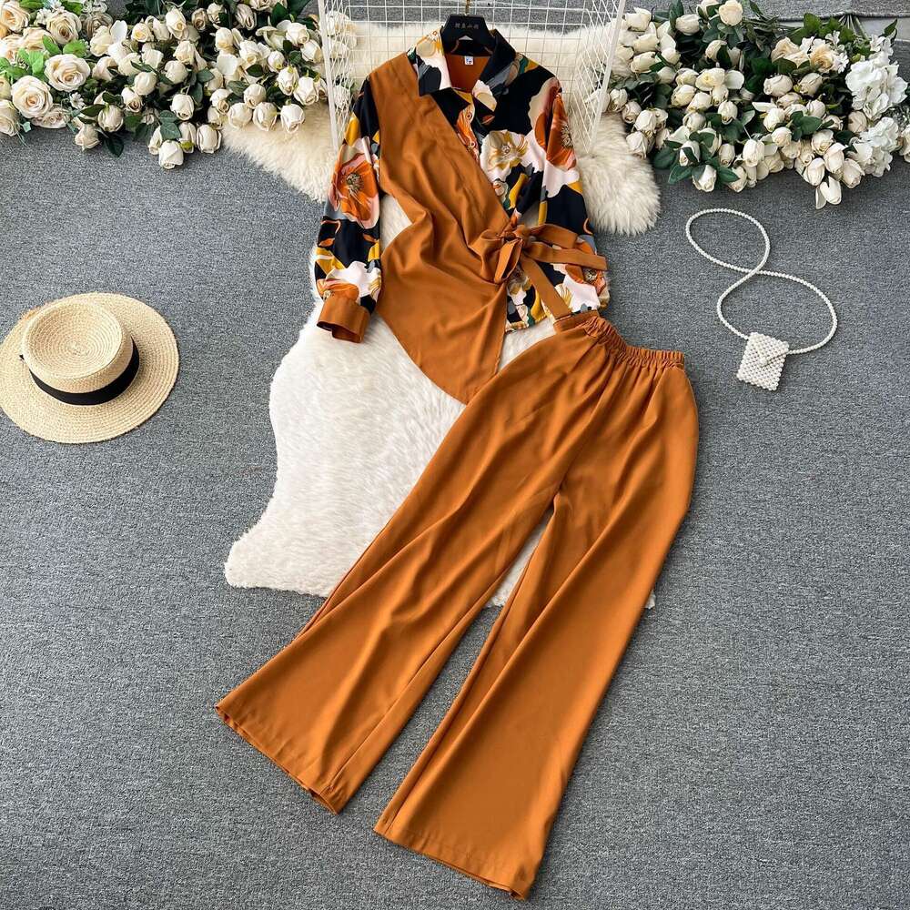 Two Piece Set of Irregular Printed Shirt with Tied Waist and High Waisted Slim Wide Leg Pants for Women Novelty Self-cultivation SKINNY DRESS BOHO DRE