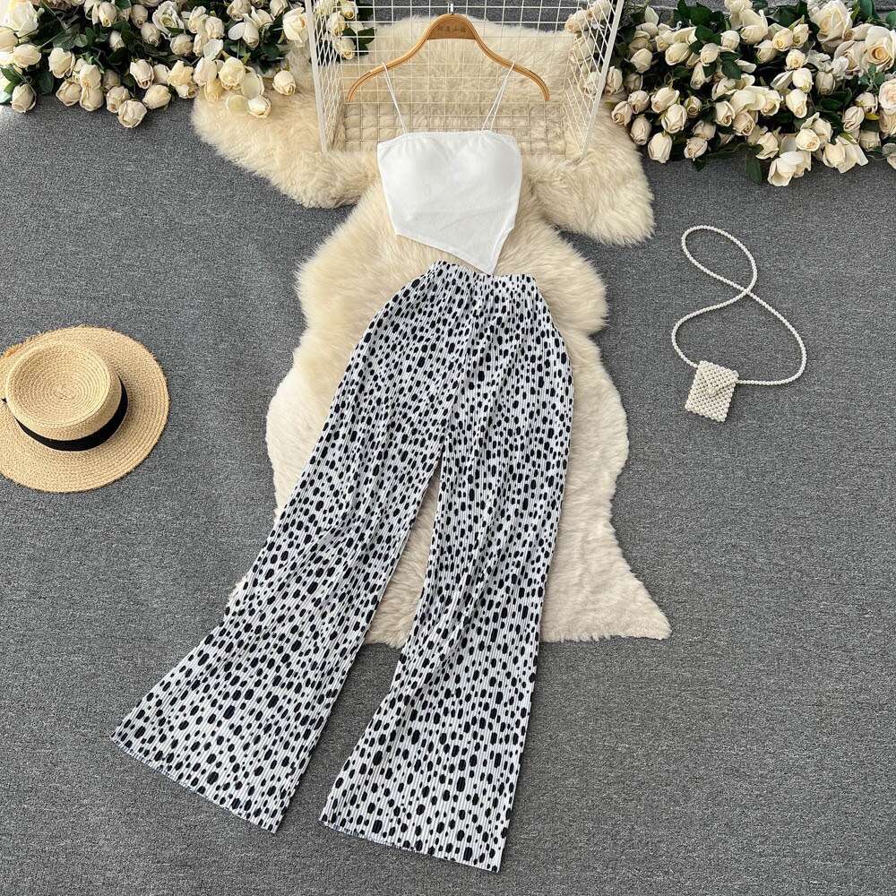 Spicy Girl Two Piece Set of Womens Style Bra and Strap Short Knitted Top Printed High Waist Wide Leg Pants Sexy Dress Bifurcated Novelty Pregnant Wome