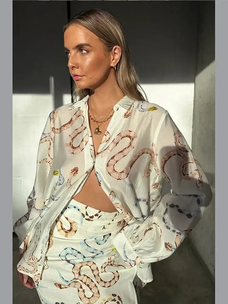 Snakes Printed Shirt Skirt Two Pieces Sets Long Sleeve Shirts High Waist Midi Skirts Women Set Spring Summer Female Streetwear 240715