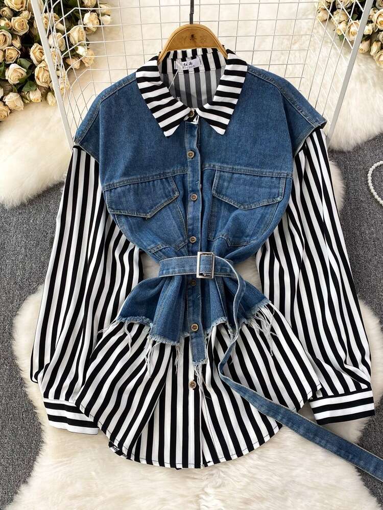 Spring and Autumn Korean Style Fake Two Loose Denim Vests with Striped Shirts for Womens Casual Irregular Top Temperament Novelty Oversize Dress Silk 