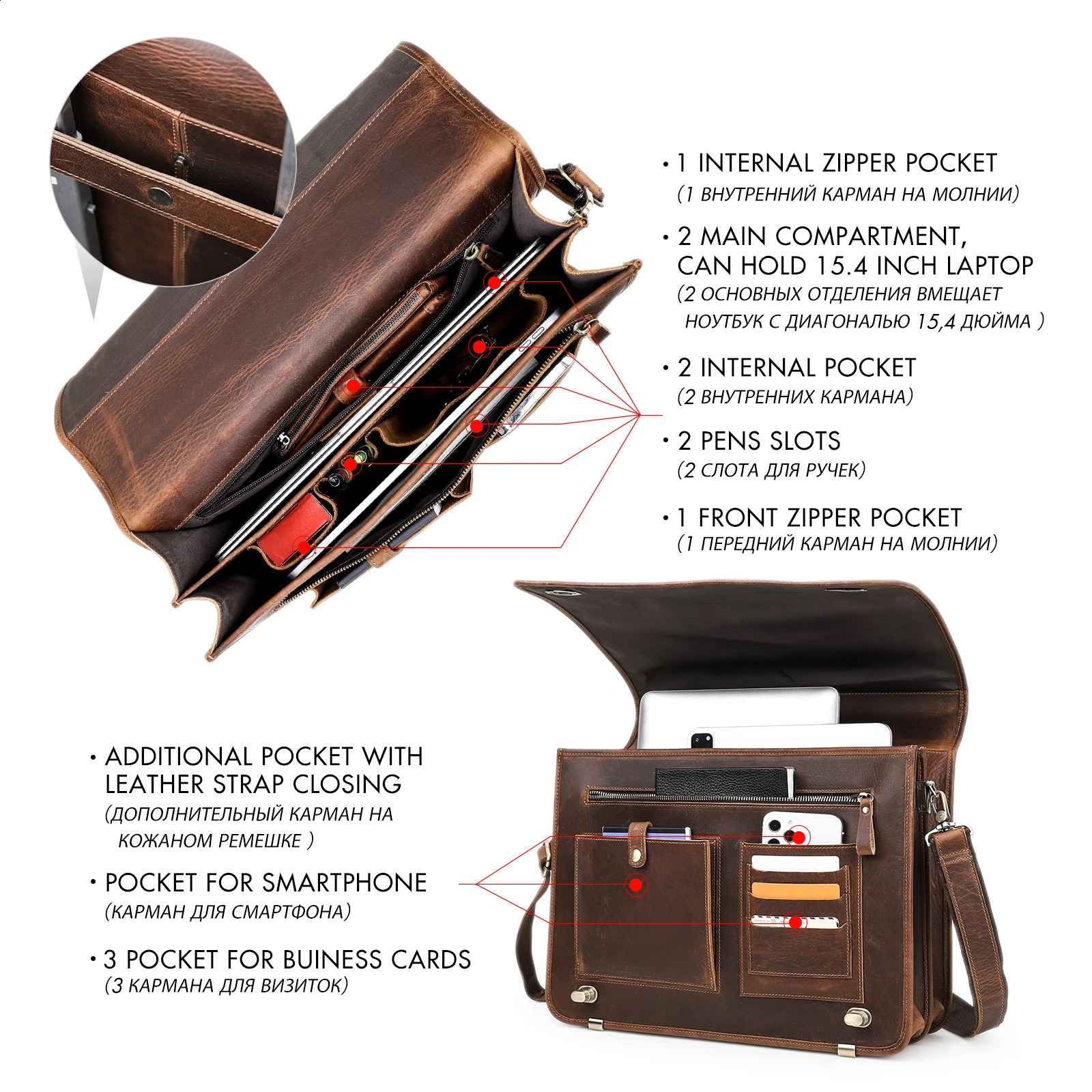 Vintage Leather Men Briefcase for Business Portfolio Document Laptop 15.4 inch Suitcase Mens Shoulder Messenger Bag