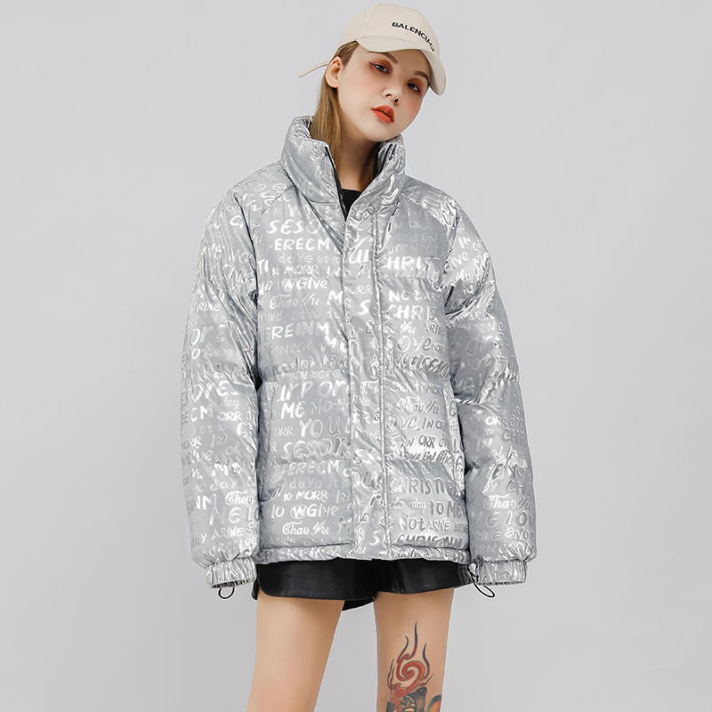 Winter American fashion brand leather women, Korean version, trendy loose collar jacket, letter reflective cotton jacket for men F723#88 8557d4