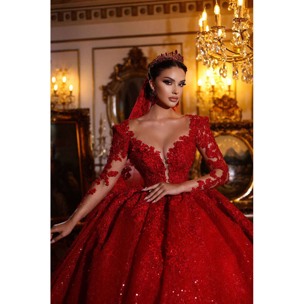 Red Arabic Lace Wedding Dress Long Sleeves Sparkly Sequin Women Marriage Dubai Bridal Gown Vestido De Novia Custom