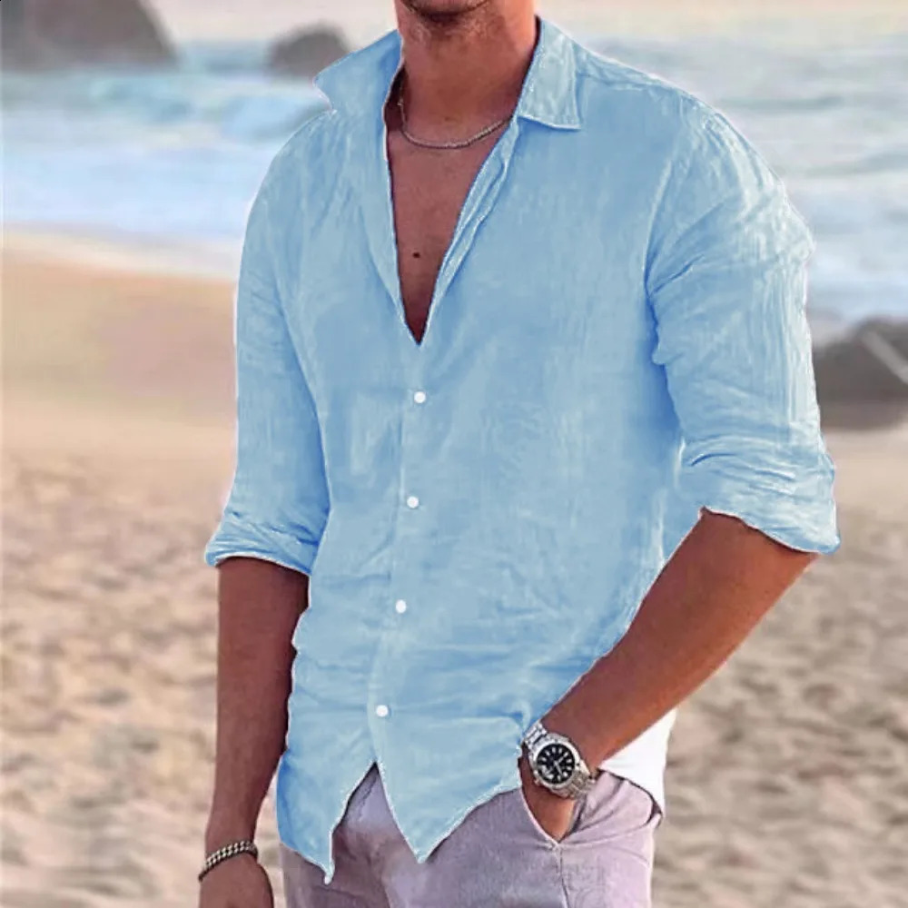 2024 Mens Shirt Cotton linen Fashion Casual Polo Neck Beach Shirt Long Sleeve Solid Hawaiian Holiday Shirts 240808
