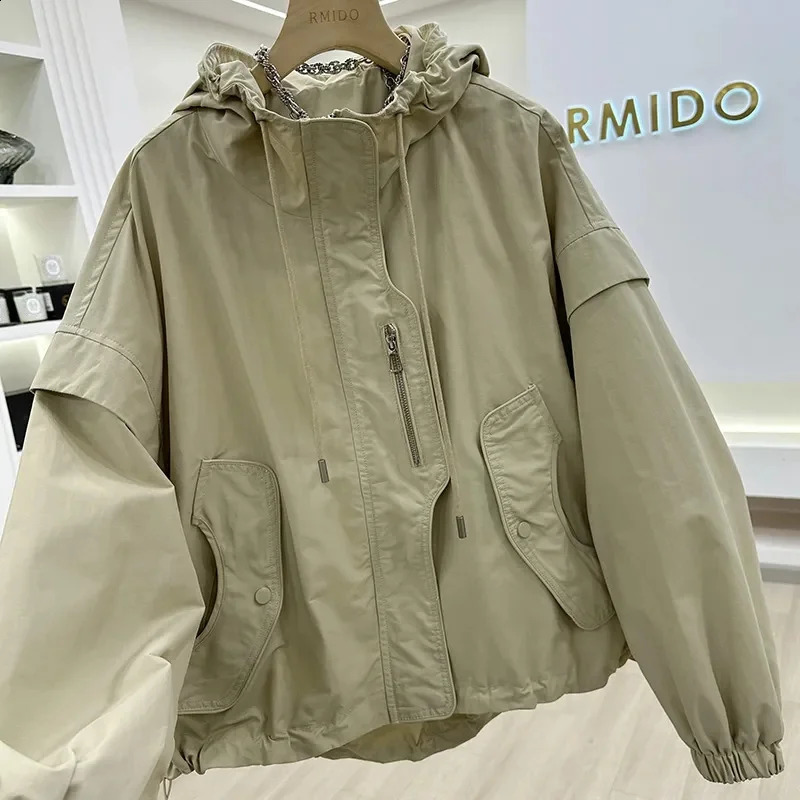 Fashion Spliced Zipper Shirring Printed Hooded Coats Womens Clothing Autumn Winter Loose Casual Windbreake Tops Jackets 240722